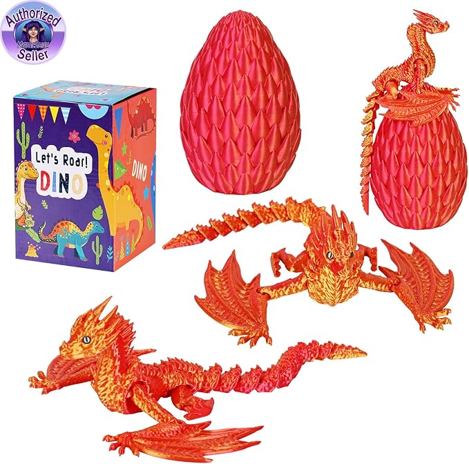 3D Printed Dragon,Flying Mystery Easter Egg Articulated Dragon,3D Printed Crystal Dragon with Wings,3D Dragon Eggs with Dragon Inside,Adults Fidget Toys for Autism ADHD (Red Gold Pro)