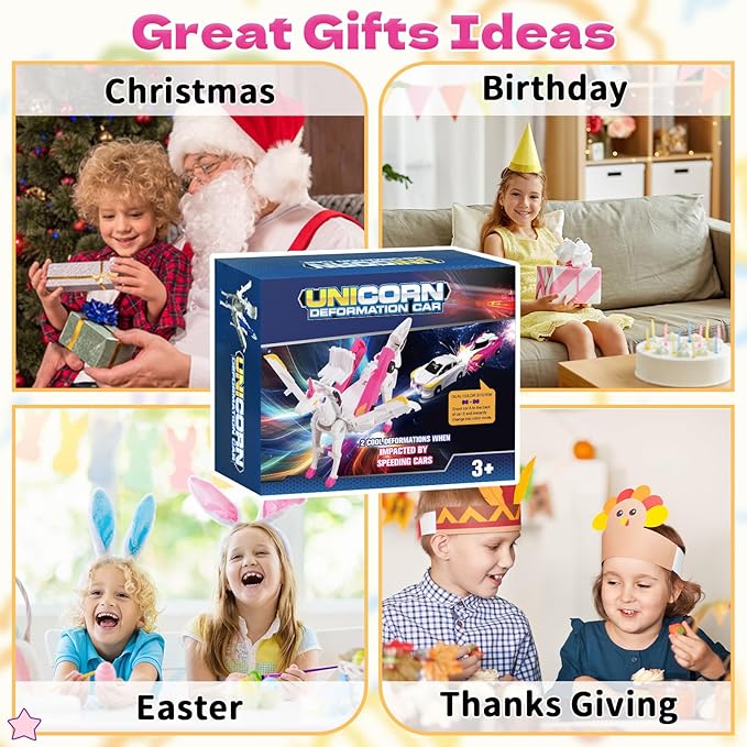 Unicorn Collision Transforming Cars Toy for Girls Boys, 2 Magnetic Cars Transform into Magical Unicorn Collision Transforming Robot Cars Toy Deformation Christmas Birthday Gifts for Kids Pink