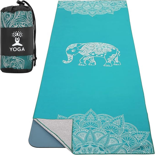 MoKo Yoga Towel, Non Slip Hot Yoga Mat Yoga Blanket Printing Pattern Quick Dry with Corner Pocket for Bikram, Pilates, Gym Workout, Outdoor Picnic, Lake Blue & Elephant