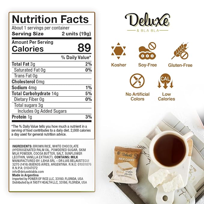 Deluxe & Bla Bla Chocolate Covered Rice Cakes 12 Pack – Whole Grain, Gluten-Free, Kosher, Low-Calorie Snack – Coated with White Chocolate – Healthy & Crunchy Treat – Individually Wrapped, (19g Each)