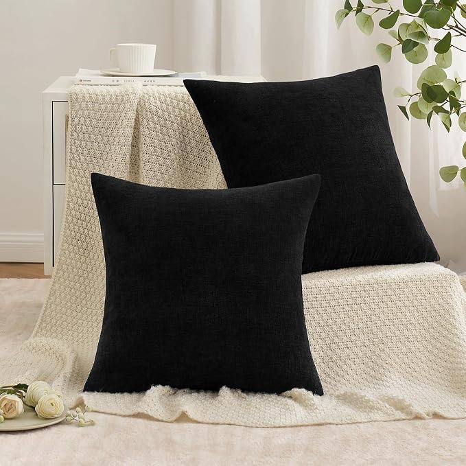 MIULEE Black Chenille Couch Throw Pillow Covers, 18x18 | Set of 2, Soft Halloween Decor, Modern Farmhouse Decorative Pillowcases for Sofa Living Room Bed