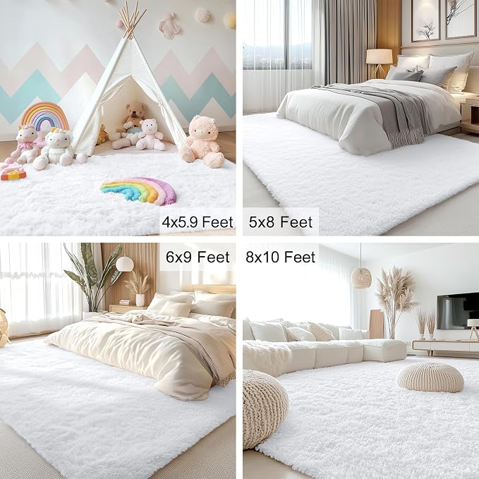 OLANLY 9x12 Machine Washable Large Area Rugs for Living Room, Bedroom, Soft Fluffy Shaggy Bedside Rug, Indoor Floor Carpet for Kids Girls and Boys, Dorms, Nursery, Home Decor Aesthetic, White