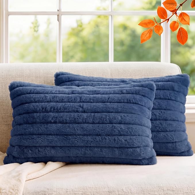 Pack of 2 Throw Pillow Covers 20x12 Decorative Solid Plush Faux Fur with Soft Velvet Back, Square Striped Cushion Cases Modern Farmhouse Home Decor for Living Room Couch Sofa Bed Navy Blue