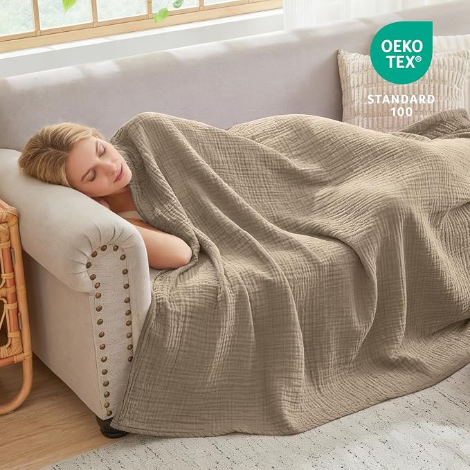 EMME Muslin Blankets for Adults Throw Blanket for Couch Breathable Gauze Soft Lightweight Airy Tan Twin XL 66" x 90"