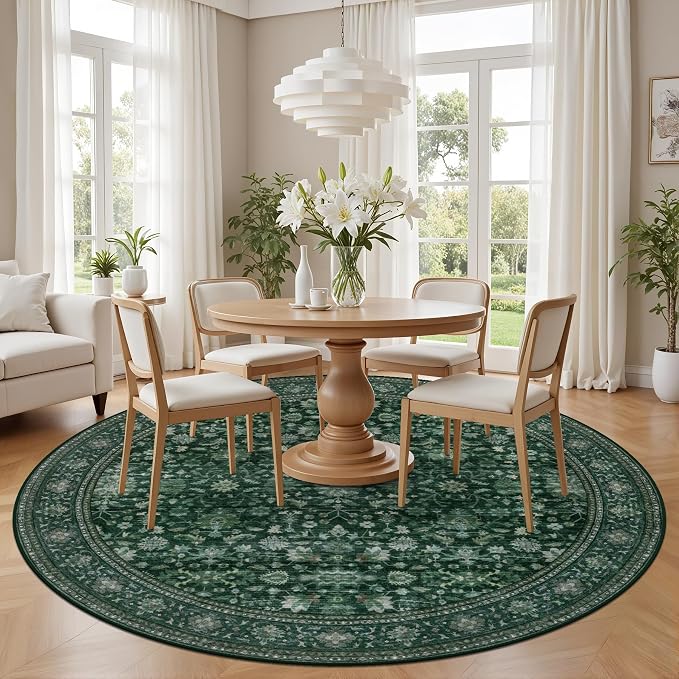 Round Area Rug for Living Room: 4 ft Washable Vintage Boho Soft Thin Circle Rug Indoor Floor No Slip Stain Resistant Carpet for Bedroom Dining Room Farmhouse Nursery Home Office - Deep Green