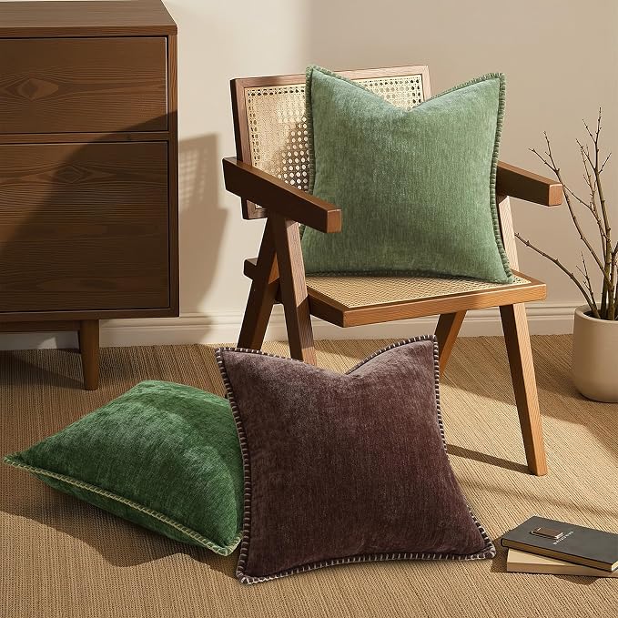 decorUhome Soft Chenille Throw Pillow Covers 22x22 Set of 2 Olive Green | Fall Textured Decorative Throw Pillow Cases Stitched Edge Modern Farmhouse Luxury Boho Velvet for Couch Sofa Bed Home Decor