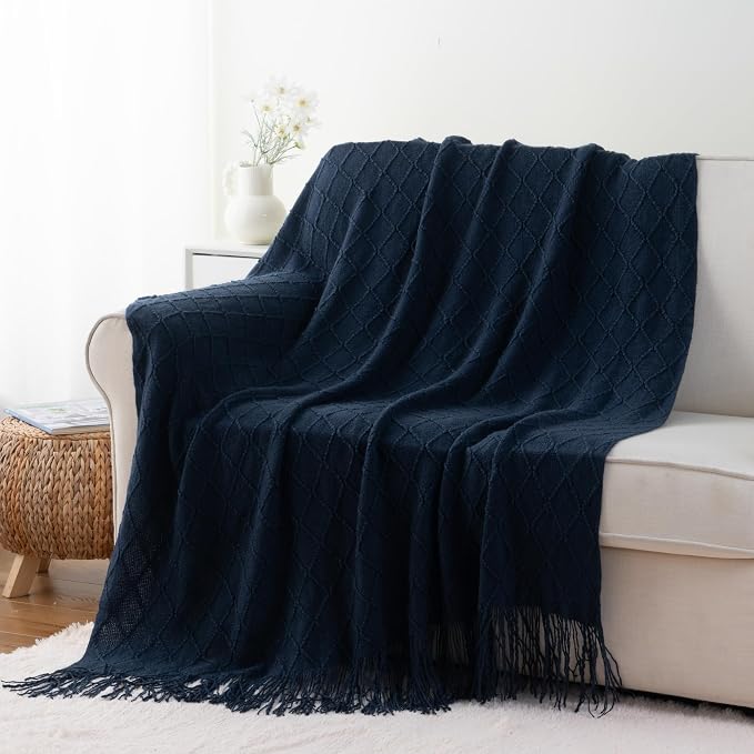 BATTILO HOME Navy Throw Blanket for Couch, Decorative Navy Blue Throw Blanket for Sofa Bed Room Decor, 50"x60" | Decorative Dark Blue Throw Blanket for Sofa Bed Room Decor, Knit Throw Blanket for Home Decor