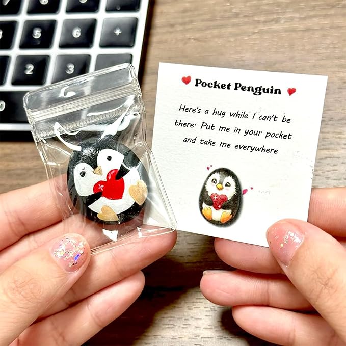 Handmade Pocket Penguin Pebble – Pocket Hug Mini Gift – Cute Hand-Painted Affirmation Token with Card – Long Distance Hug, Encouragement for Friends, Kids, or Anxiety Relief for Boyfriend, Girlfriend, Couples (Penguin Hug)