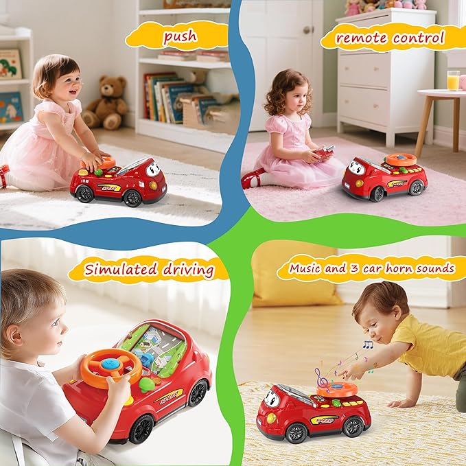 2-in-1 RC Car & Steering Wheel Toy, Musical Toddler Car, Interactive Simulation Driving Toys for 18+ Months Baby Learning, Gift for 1 2 3 4 5+ Years Old Boys Girls