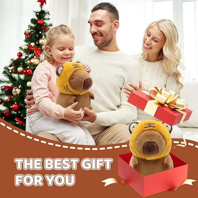 Cute Capybara Plush Wear Tiger Hat, Kawaii Soft Capybara Plushie Pillow, 14 inch Capybara Stuffed Animal Hugging Gifts for Kids Adults (Tiger Capybara)