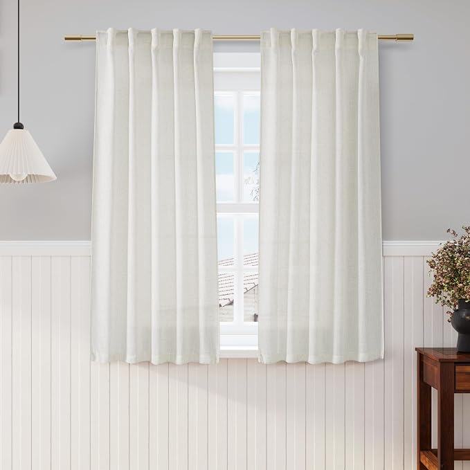 Nanspring Cream Cafe Curtains 54 Inch Length Set 2 Panel Back Tab Pocket Semi Sheer Short Linen Cream Curtain Tiers for Small Bathroom Window Basement 38x54