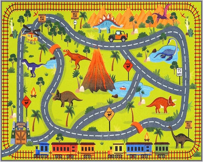 LIVEBOX 5x7 Dinosaur Adventure Rugs for Boys Bedroom,Non Slip Playroom Kids Car Track Rug Collection Safari Road Map,Educational & Game Play Carpet for Kids Room Classroom Living Room