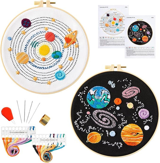 Armindou Embroidery Kit for Adults Beginners, Hand Embroidery Starter Kit with Solar System Patterns, Counted Stamped Cross Stitch Needlepoint Kit for Beginner Adult, 2 Set Embroidery Supplies/Hoop