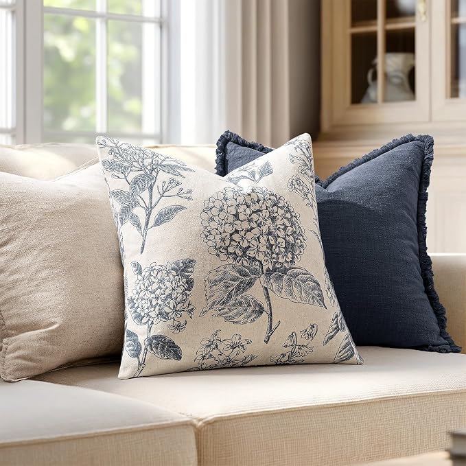 Set of 2 Decorative Floral Pillow Covers 22x22 Inch Light Blue | Neutral Hydrangea Print, Boho Vintage Throw Cushion Covers, Cottagecore Home Decor, for Sofa Couch Porch Bedroom Living Room