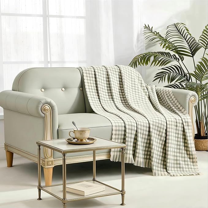 CREVENT Farmhouse Boho Knitted Throw Blanket for Couch Sofa Chair Bed Home Decoration, Soft Warm Cozy Light Weight for Spring Summer Fall (50''X60'' Plaid Green)