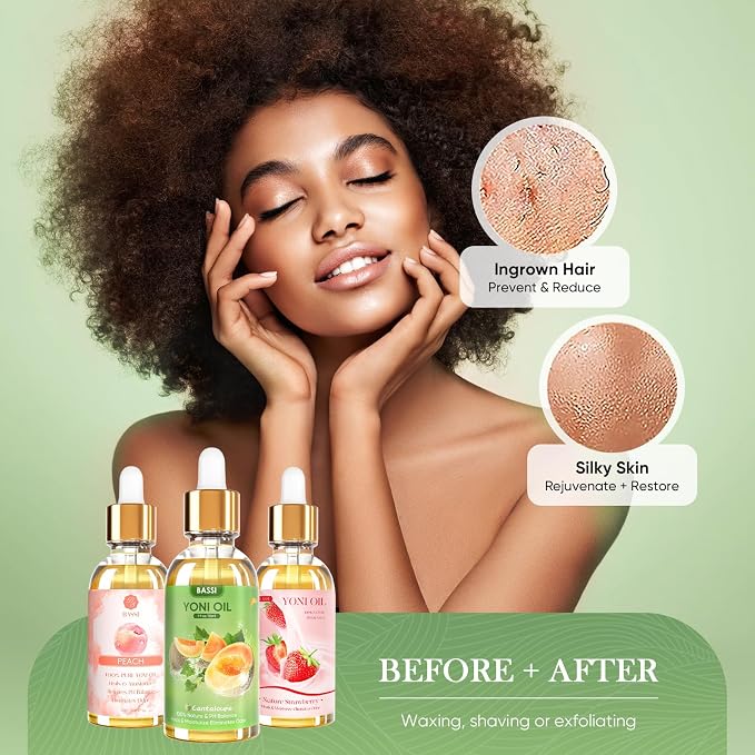 BASSI 3 PCS Natural Yoni Oil for Women -Feminine Oil Vaginal Moisturizer - Reduces Odor, Restores pH Balance, Helps with Vaginal Itch, Herbal Yoni Blend with Strawberry Peach Hami Melon