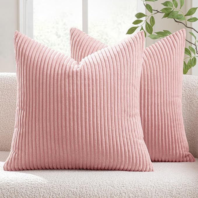 MIULEE Decorative Corduroy Throw Pillow Covers Set of 2 12x12 Pink | Soft Striped Textured Cushion Cases, Boho Square Lovely Cute Pillowcases, Home Decor for Couch Chair Sofa Bed Living Room