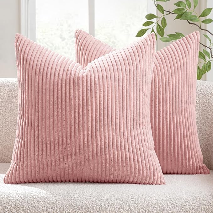 MIULEE Decorative Corduroy Throw Pillow Covers Set of 2 18x18 Pink | Soft Striped Textured Cushion Cases, Boho Square Lovely Cute Pillowcases, Home Decor for Couch Chair Sofa Bed Living Room