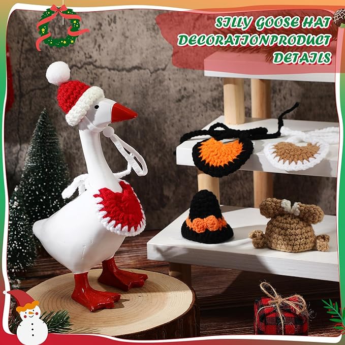 Geyoga 3 Pcs Mini Desk Goose Outfits 7 Inch Mini Knitting Hat and Bandana Knitting Desk Goose Headwear Bibs Accessory for Magnetic Statue Table Decor Gifts (Halloween Style)