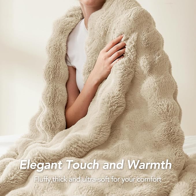 L'AGRATY Faux Rabbit Fur Throw Blanket for Couch, 50'' x 60'' Almond White | Soft Cozy Bubble Fluffy Blanket for Sofa Bed, Thick Warm Plush Fuzzy Throw for Room Home Decor, Luxury Gift for Women Mom