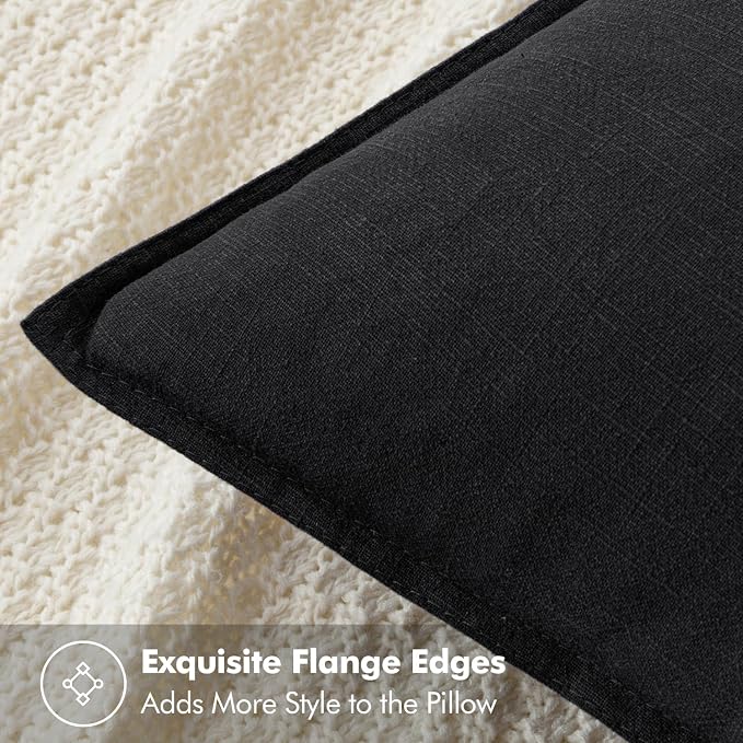MIULEE Decorative Linen Euro Sham Pillow Covers 24x24 Black | Boho Farmhouse Neutral Couch Throw Pillows for Bed, Pack of 2 Accent Modern Pillowcases, Sofa Livingroom Home Decor