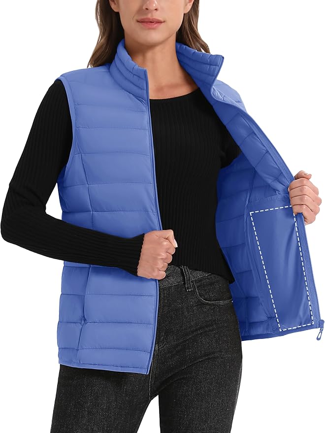 MAGCOMSEN Women's Puffer Vest Lightweight Stand Collar Zip 4 Pockets Puffy Vests Sleeveless Quilted Padded Outerwear