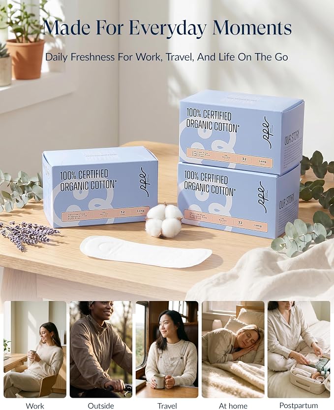 RPE Life 100% GOTS Organic Cotton Long Panty Liners for Women, 96 Count | Long breathable daily liners for women; ultra thin, unscented, chlorine-free, made for sensitive skin and everyday use.