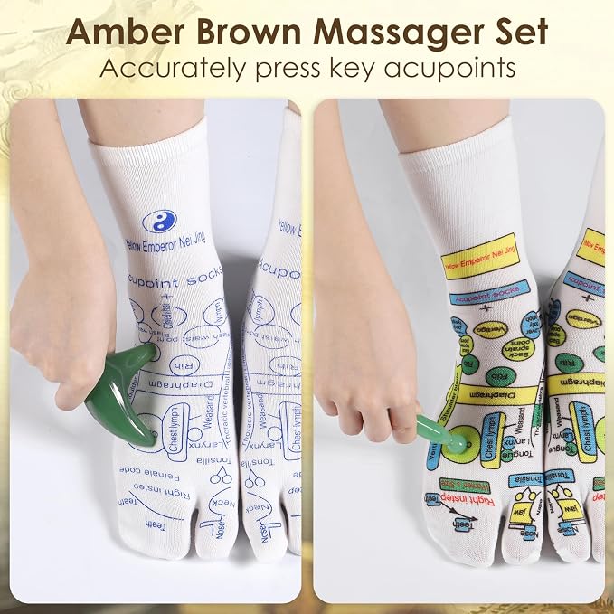 Reflexology Socks Set with Tools, 2 Pairs Foot Massage Socks Chiro Acupressure Acupuncture Trigger Point Pain Relief Remedy Acupoint Birthday Gifts for Women B