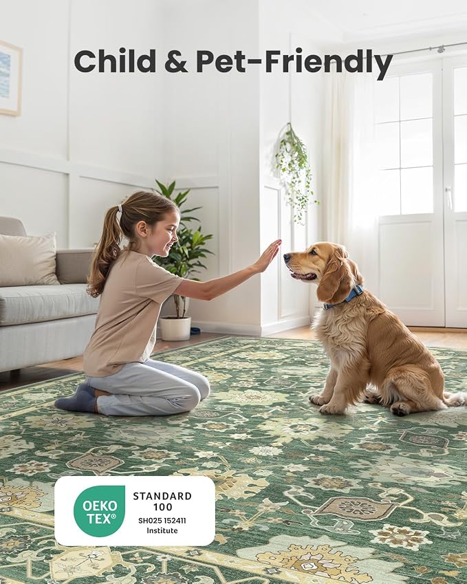 AMADA HOMEFURNISHING 9x12 Area Rug for Living Room, Vintage Washable Area Rug Low-Pile & Non-Slip Carpet for Bedroom Dining Room Nursery Home Office, Olive Green