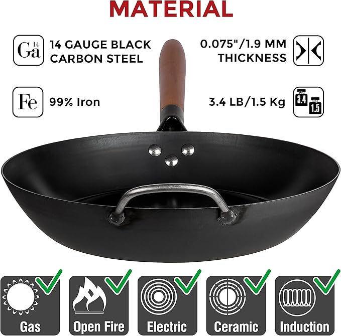 YOSUKATA 11.8" Carbon Steel Frying Pan – Non-Toxic Pre-Seasoned Skillet with Removable Wooden Handle – Coating-Free Wok-Style Pan for Gas, Induction, Electric, Oven & Grill BBQ