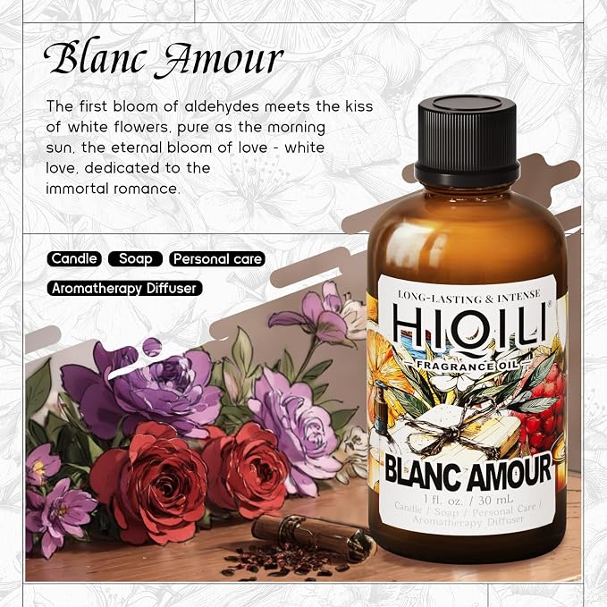 HIQILI Blanc Amour Fragrance Oil for Diffuser, Candle & Perfume Making | Pure Soft Floral Scent For DIY Crafts, Gentle For Body Oil Blending, Ideal For Diffuser, Candles & Soap - 30mL / 1 Fl Oz