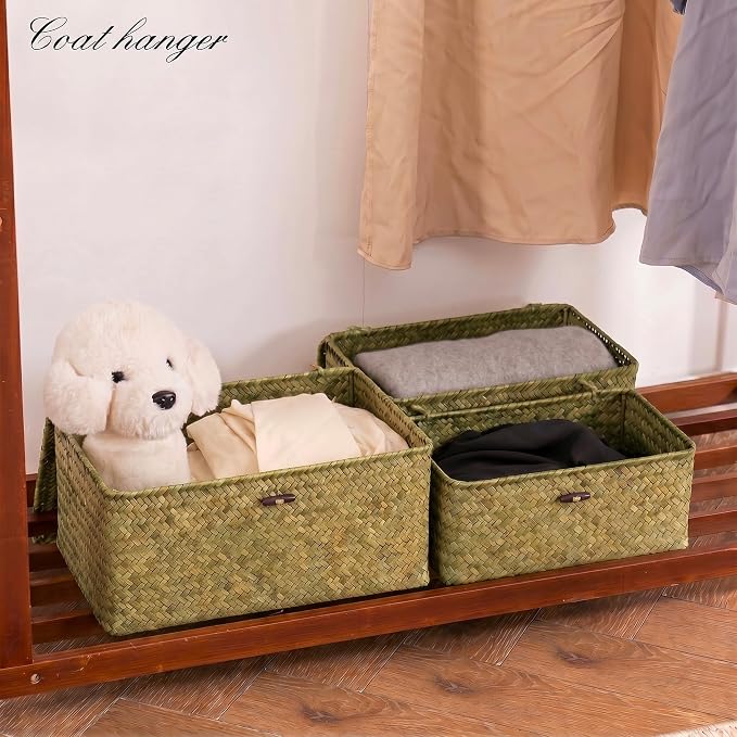 Nonam Storage Basket with Lid, Natural Seagrass Bin with Lid Set of 3, Shelf Baskets Multipurpose Container for Boho Decoration, Rectangular Storage Boxes for Home Organization- Dark Moss Green
