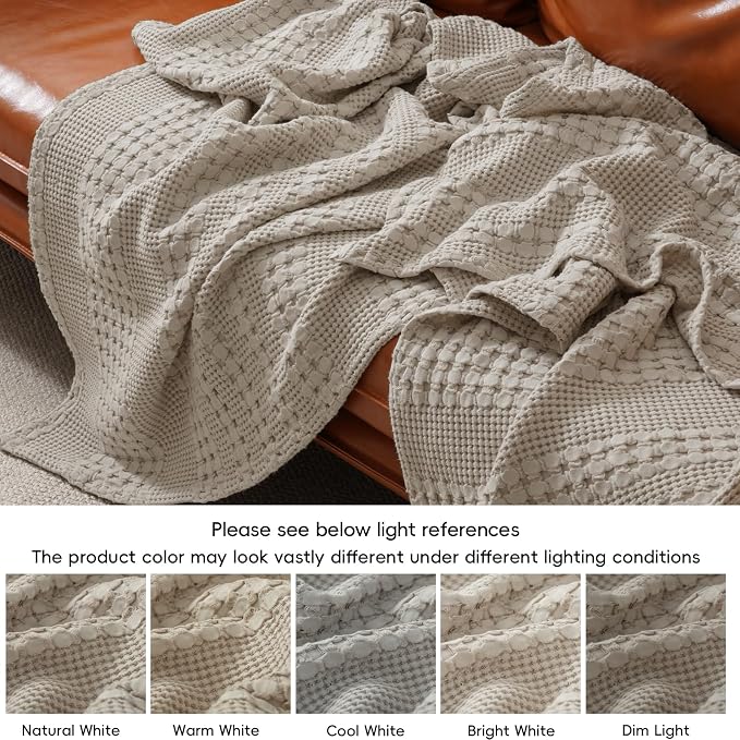 PHF 100% Cotton Waffle Weave Blanket Queen Size, Lightweight Breathable Summer Blanket for Hot Sleepers, Pre-Washed Soft Layer for Bed, Couch, Aesthetic Home Decor & Gift, 90"x90", Pearl Gray