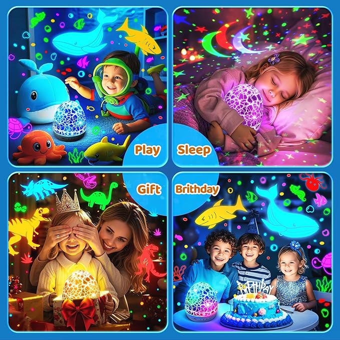Toddler Toys Night Light Projector Easter Eggs Sensory Toys for Kids with Autism Toys for Boys 3-10 | 15 White Noise 3D Films 31Colors Remote Control Night Light for Kids, Baby Gifts