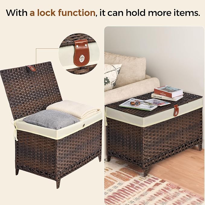 Wicker Storage Basket with Lid, 200L Storage Bin with Removable Liner Bag | Rattan-Inspired Shelf Basket Design, Storage Trunk with Heightened Feet, Wardrobe Storage Container & Home Organizer