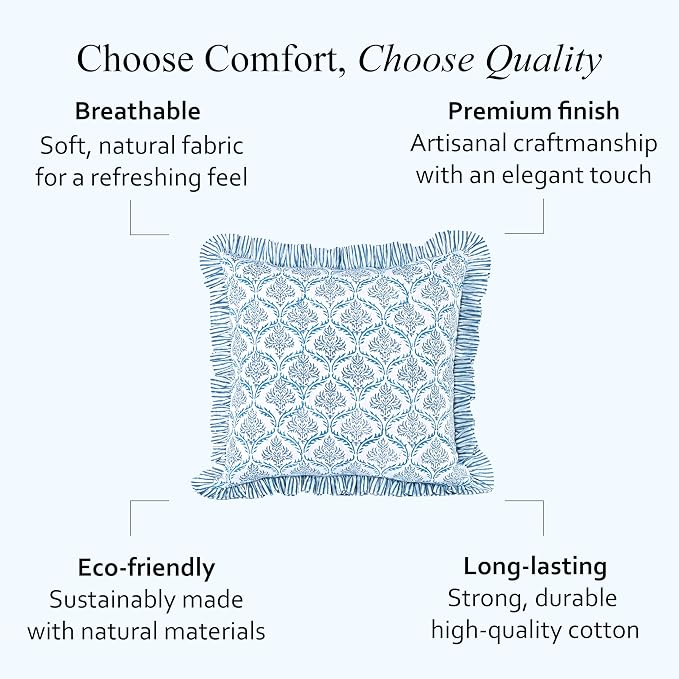 CPC Indigo Regal Hand Block Print 100% Cotton Ruffle Throw Pillow Cover 24x24 inch with Hidden Zipper Decorative for Couch, Bed, Sofa, Farmhouse, Cottagecore Decor Gift Christmas Fall Thanksgiving
