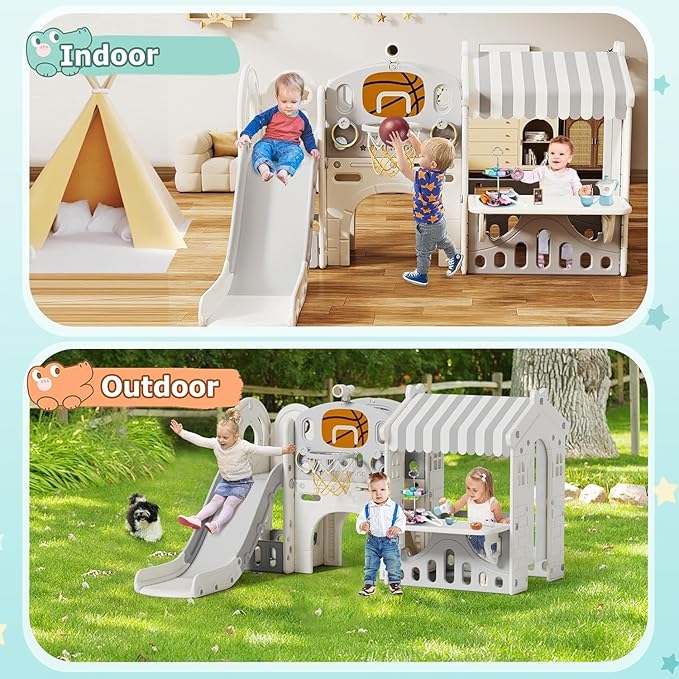 BIERUM 10 in 1 Toddler Slide with Basketball Hoop, Outdoor Slide for Toddlers Age 1-3 with Kid Playhouse, Indoor Toddler Playset Toddler Playground with Kitchen Toys Set Beige Gray