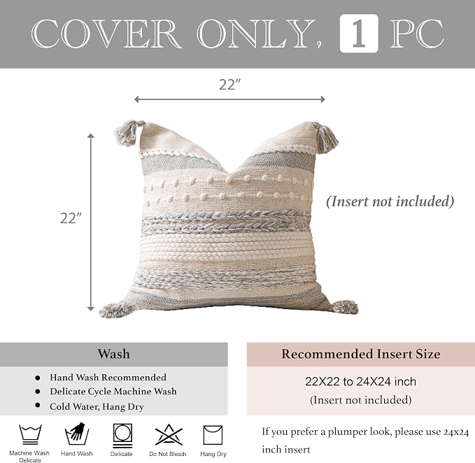 Gray Boho Decorative Throw Pillow Cover 22x22 Square Farmhouse Accent Cushion for Couch Sofa Livingroom Bedroom Pillowcase Modern Home Décor (Pack of 1)