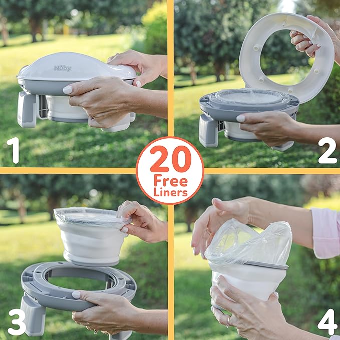 Nuby On-the-Go Portable Potty Seat - Collapsible Travel Toilet Seat for Boys and Girls 18+ Months - Includes Storage Bag and Disposable Liners - Toddler Potty Training Toilet (Pack of 4)