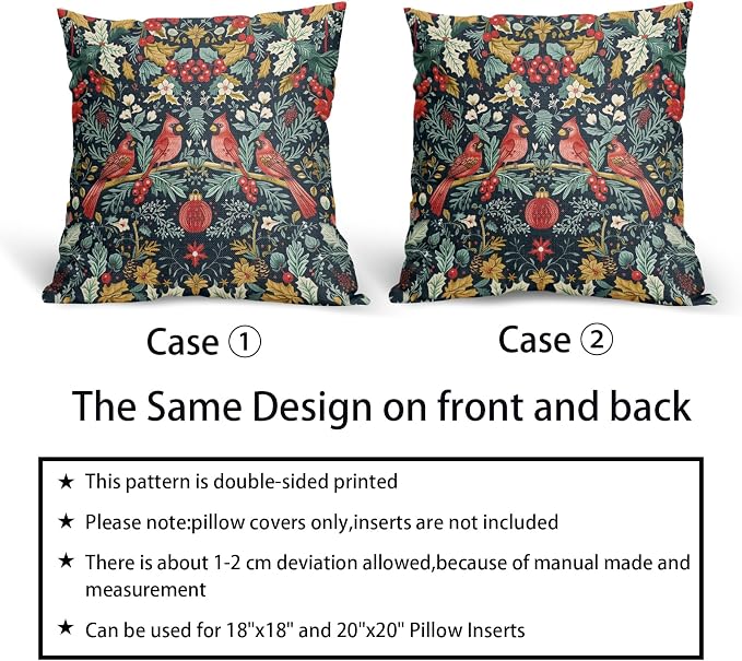 Christmas Pillow Covers 18X18 Inch Cardinal Red Birds Berry Leaves Decorative Pillow Cases Set of 2 Xmas Holiday Throw Pillows Home Decor for Sofa Couch Cushion Outdoor