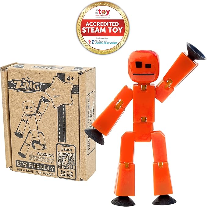 Zing StikBot Single Pack - Includes 1 StikBot - Collectible Action Figures and Accessories, Stop Motion Animation, Ages 4 and Up (Red Orange)