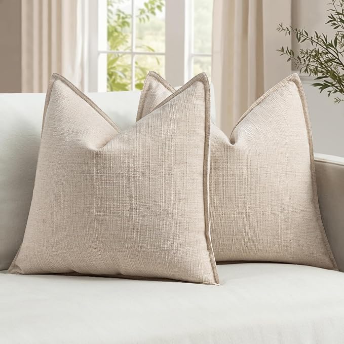 MIULEE Thick Textured Decorative Throw Pillow Covers 22x22 in Natural Linen | Set of 2, Linen Blend Pillow Cover, Flange Edge Design, Farmhouse Modern Boho Style, Bed Couch Living Room Decor