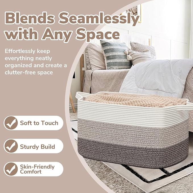 Goodpick Large Woven Rope Blanket Basket, Rectangle, White Brown | 21.6'' x 14.9'' x 11.8'' Storage Basket for Blankets & Toys, Living Room, Bedroom & Nursery Organization, Reinforced Handles