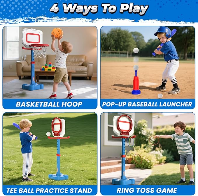 EagleStone 4-in-1 Toddler Basketball Hoop and T Ball Set, Adjustable Height Basketball Hoop,Tee Ball & Ring Toss Toy, Outdoor Indoor Sports Gift for Boys Girls Toddlers Ages 3-8