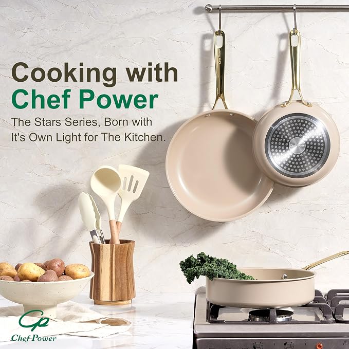 Chef Power Ceramic Frying Pan with Stainless Steel Handle 5Pcs Set, Non Stick Grill Pan Set, Dishwasher and Oven Safe, Taupe and Light Gold Handle