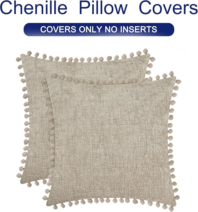 CaliTime Decorative Couch Throw Pillow Covers 16 X 16 Inches Taupe | Pack of 2, Cozy Chenille Cushion Cases, with Pom Poms for Sofa Bed Living Room Farmhouse Home