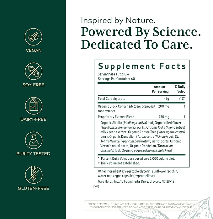 GAIA HERBS PRO Female Support Formula - Supports Healthy PMS & Menopause Fluctuations with Alfalfa Leaf, Black Cohosh Root Extract, Dandelion Root & More* - Vegan - 60 Liquid Phyto-Caps (60 Servings)