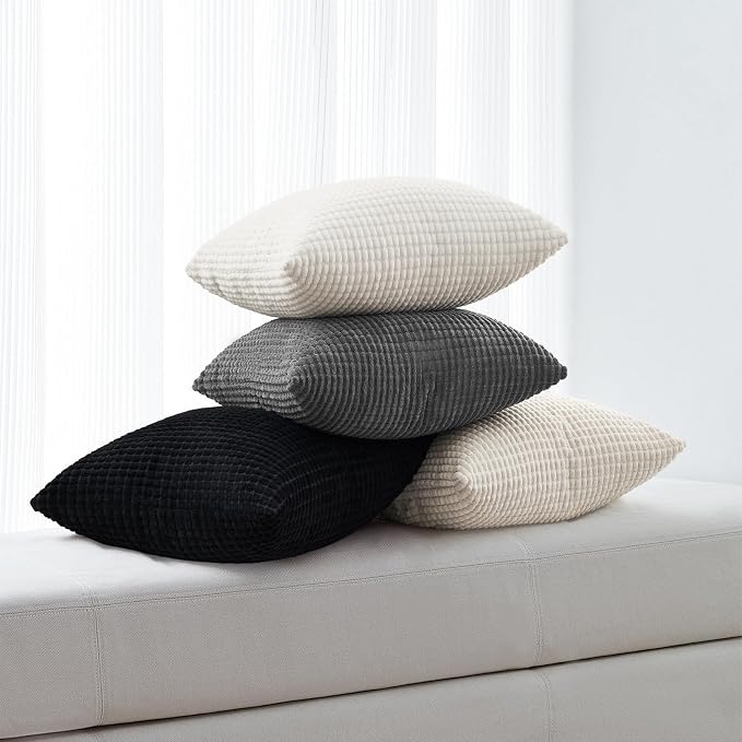 Topfinel 4 Packs Black and WhiteDecorative Throw Pillow Covers 22x22 Inch for Living Room Couch Bed Sofa, Boho Western Farmhouse Home Decor, Square Soft Moss Corduroy Fall Cushion Case 55x55 cm