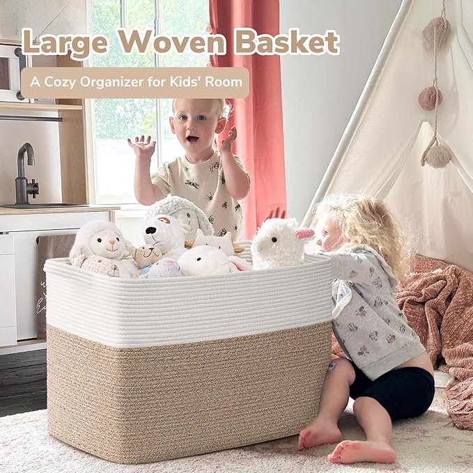Goodpick 105L Extra Large Woven Rope Blanket Basket, White & Light Brown | 25'' x 16'' x 16'' Storage Basket for Blankets, Toys & Pillows, Living Room & Bedroom Organization, Reinforced Handles