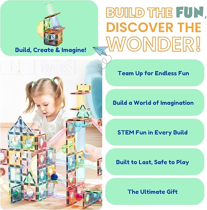 Magnetic Marble Run – 208 PCS Magnetic Tiles & Construction Blocks Set – STEM Building Toys for Boys & Girls Ages 3-9 – 3D Educational Marble Race Game – Gift for Birthdays & Classrooms